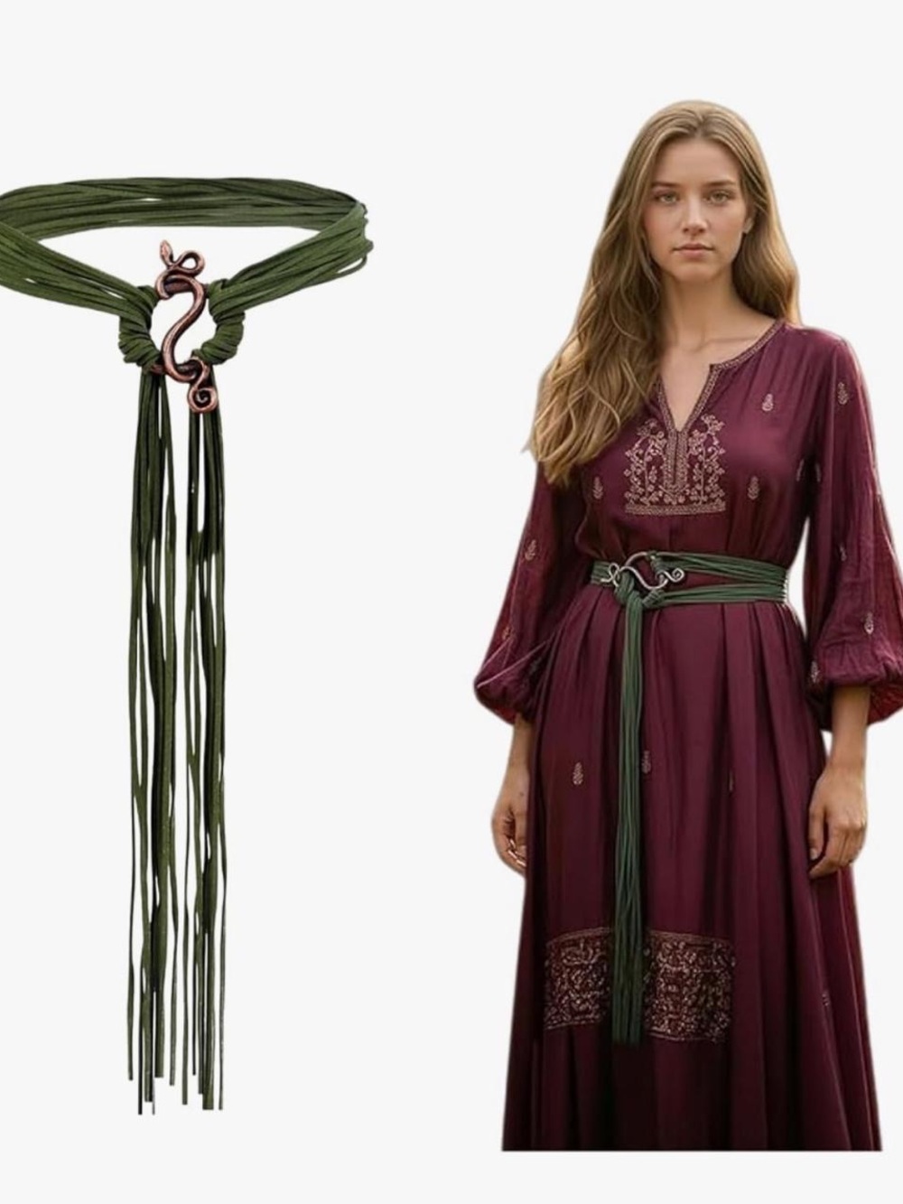 Fringed Olive Green Wrap Belt with Decorative Metal Clasp